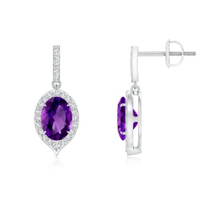7x5mm AAAA Claw-Set Oval Amethyst and Diamond Halo Earrings in White Gold