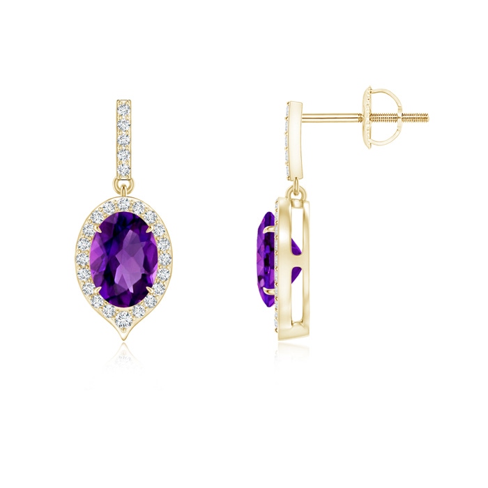 7x5mm AAAA Claw-Set Oval Amethyst and Diamond Halo Earrings in Yellow Gold