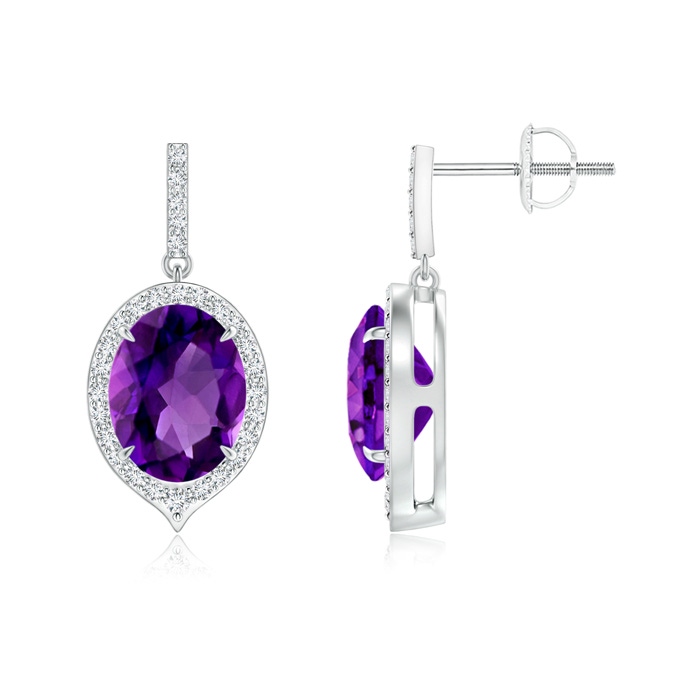 9x7mm AAAA Claw-Set Oval Amethyst and Diamond Halo Earrings in White Gold 