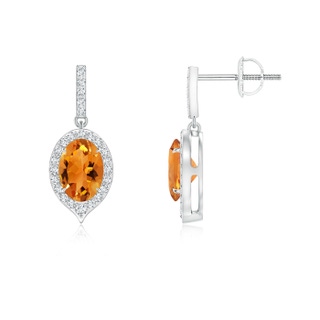 7x5mm AAA Claw-Set Oval Citrine and Diamond Halo Earrings in White Gold