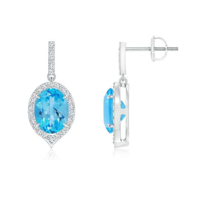 8x6mm AAA Claw-Set Oval Swiss Blue Topaz and Diamond Halo Earrings in White Gold 