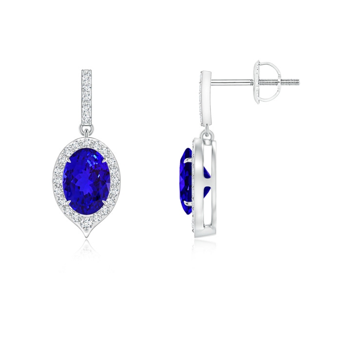 7x5mm AAAA Claw-Set Oval Tanzanite and Diamond Halo Earrings in P950 Platinum