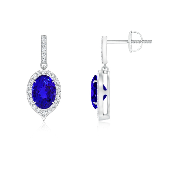 7x5mm AAAA Claw-Set Oval Tanzanite and Diamond Halo Earrings in P950 Platinum 