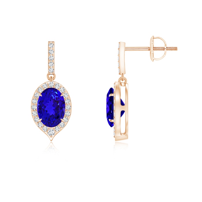 7x5mm AAAA Claw-Set Oval Tanzanite and Diamond Halo Earrings in Rose Gold