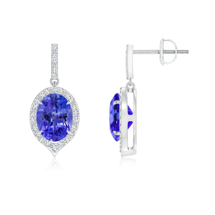 8x6mm AAA Claw-Set Oval Tanzanite and Diamond Halo Earrings in White Gold 