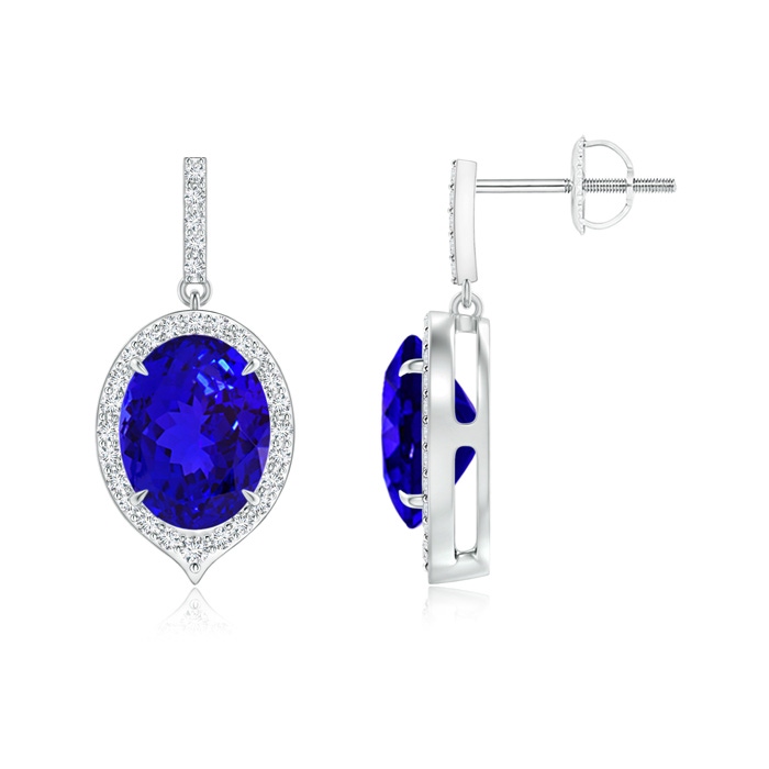 9x7mm AAAA Claw-Set Oval Tanzanite and Diamond Halo Earrings in P950 Platinum 