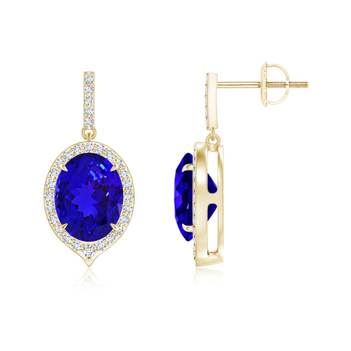 9x7mm AAAA Claw-Set Oval Tanzanite and Diamond Halo Earrings in Yellow Gold