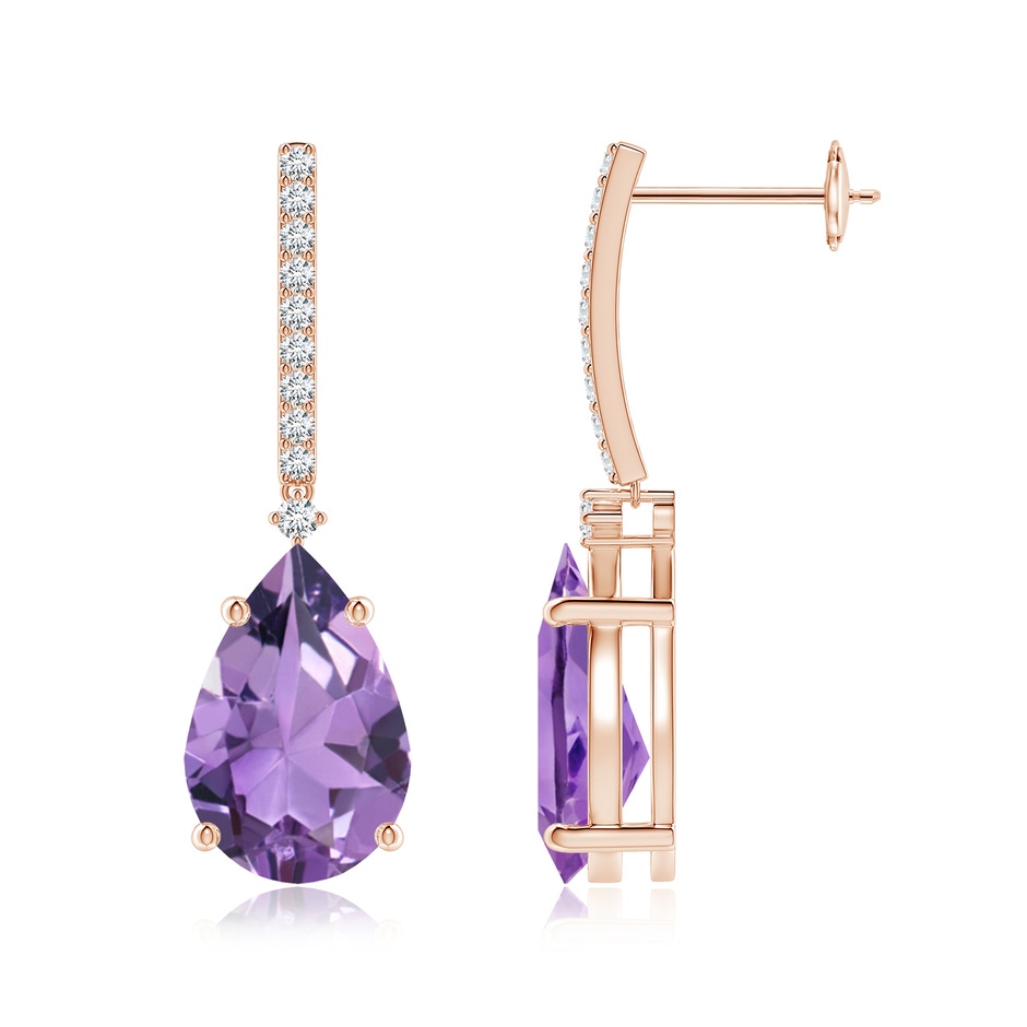 12x8mm A Solitaire Pear Amethyst Drop Earrings with Diamonds in Rose Gold 