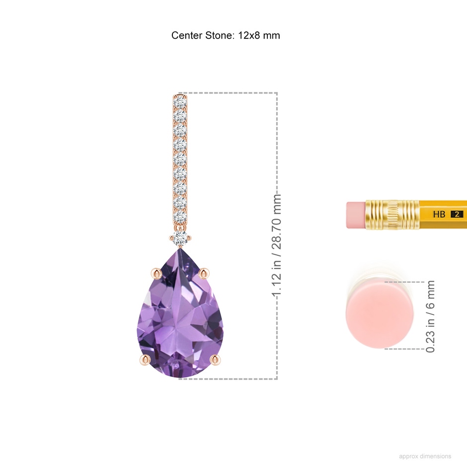 12x8mm A Solitaire Pear Amethyst Drop Earrings with Diamonds in Rose Gold ruler