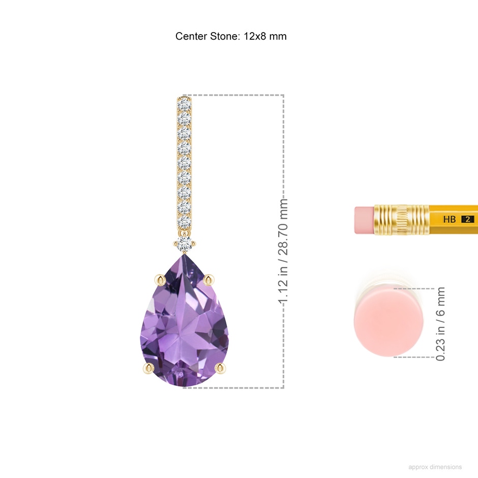 12x8mm A Solitaire Pear Amethyst Drop Earrings with Diamonds in Yellow Gold ruler
