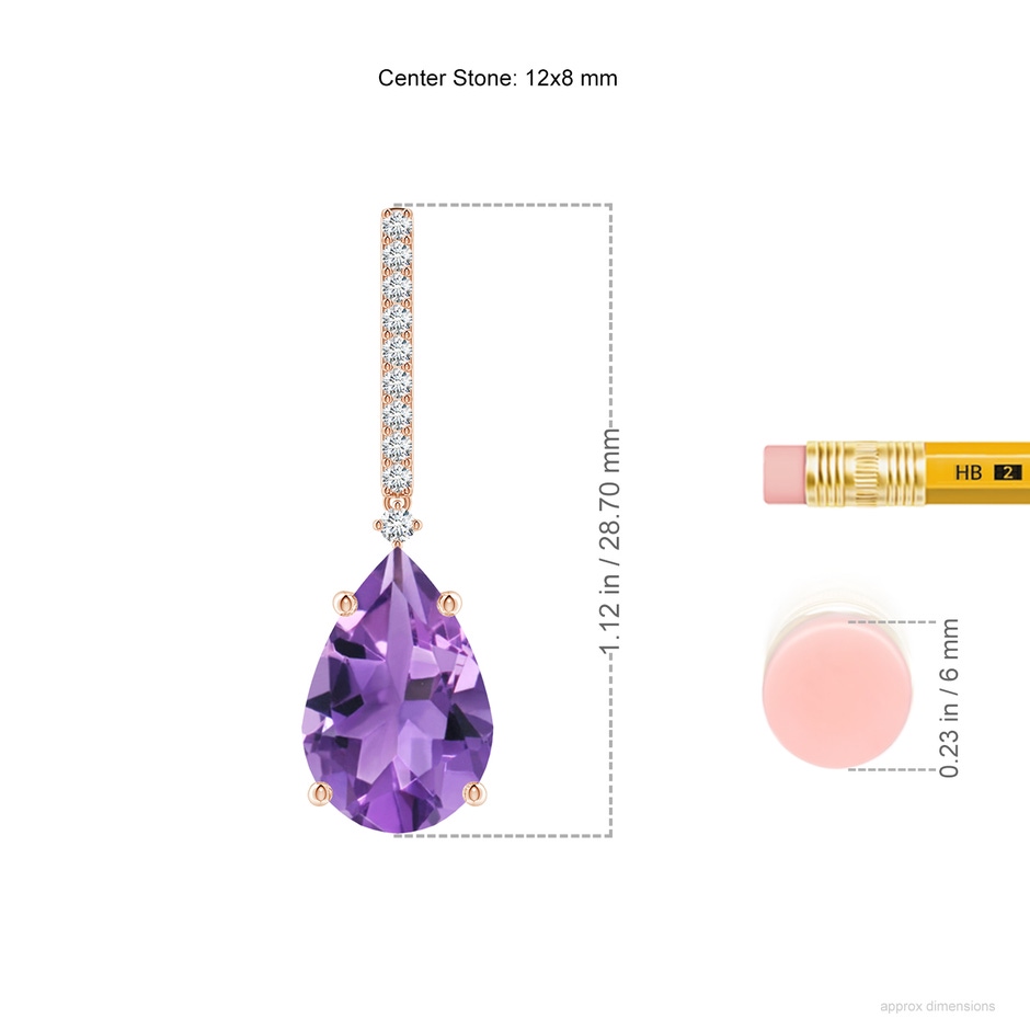 12x8mm AA Solitaire Pear Amethyst Drop Earrings with Diamonds in 18K Rose Gold ruler
