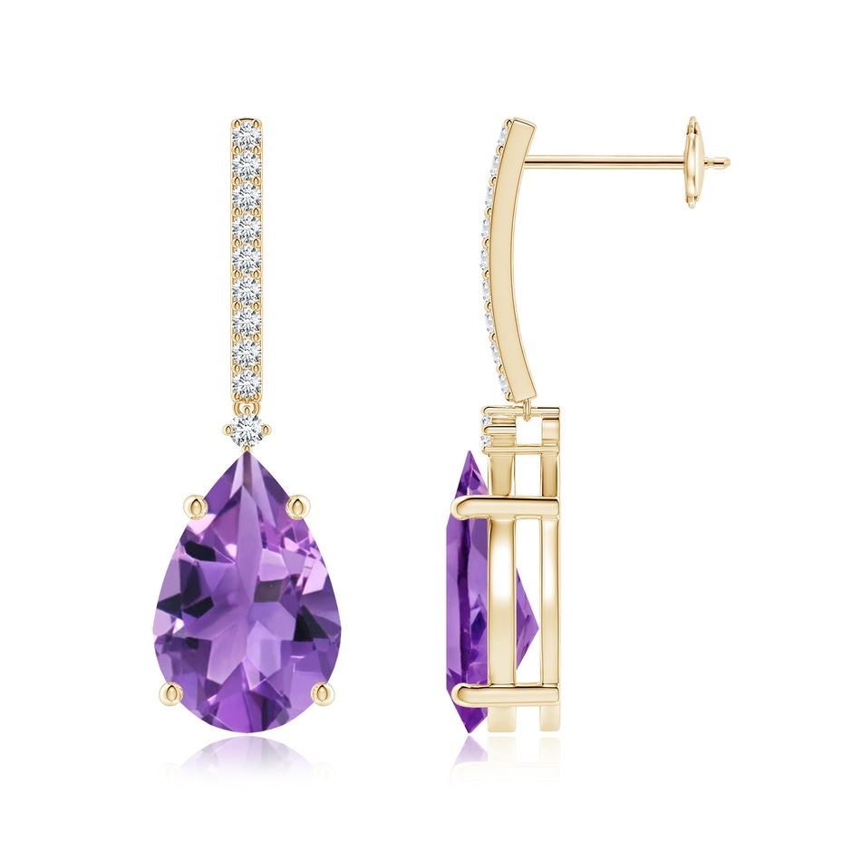 12x8mm AA Solitaire Pear Amethyst Drop Earrings with Diamonds in 18K Yellow Gold 