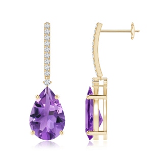 12x8mm AA Solitaire Pear Amethyst Drop Earrings with Diamonds in Yellow Gold