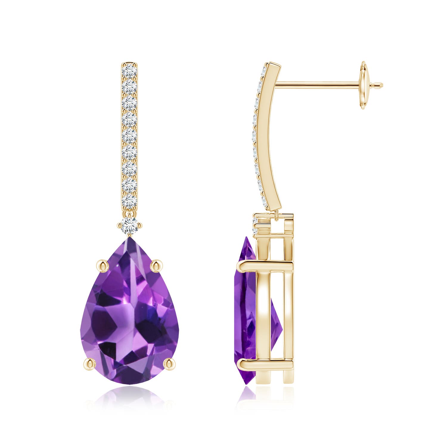 12x8mm AAA Solitaire Pear Amethyst Drop Earrings with Diamonds in 18K Yellow Gold