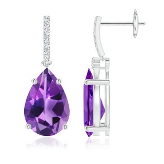 12x8mm AAA Solitaire Pear Amethyst Drop Earrings with Diamonds in White Gold