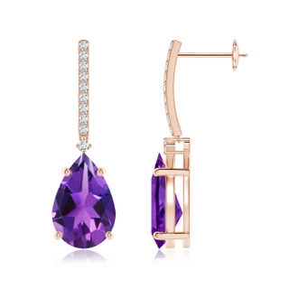 12x8mm AAAA Solitaire Pear Amethyst Drop Earrings with Diamonds in 18K Rose Gold