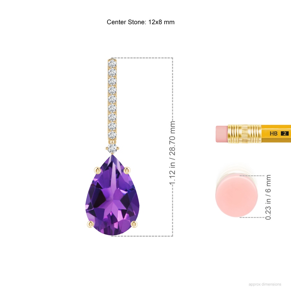 12x8mm AAAA Solitaire Pear Amethyst Drop Earrings with Diamonds in 18K Yellow Gold ruler