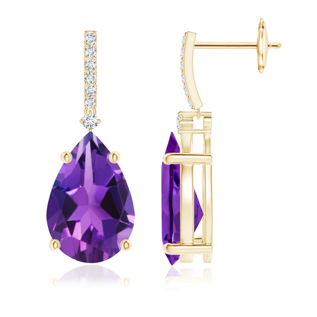 12x8mm AAAA Solitaire Pear Amethyst Drop Earrings with Diamonds in Yellow Gold