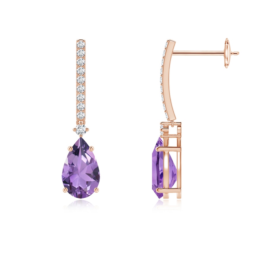 8x5mm A Solitaire Pear Amethyst Drop Earrings with Diamonds in Rose Gold 