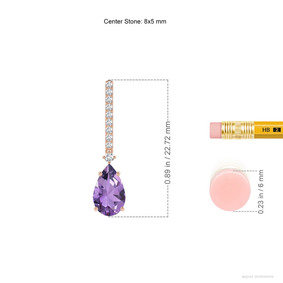 8x5mm A Solitaire Pear Amethyst Drop Earrings with Diamonds in Rose Gold ruler