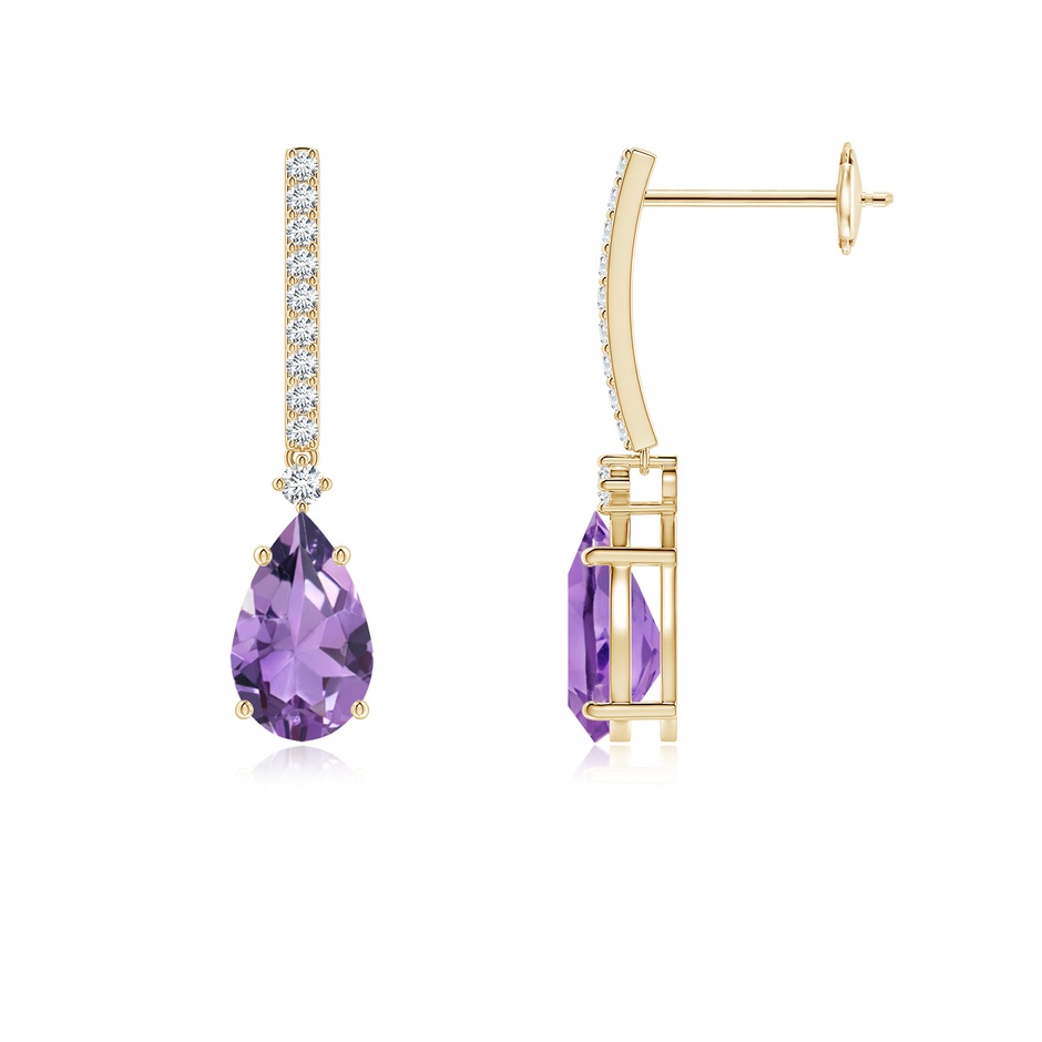 8x5mm A Solitaire Pear Amethyst Drop Earrings with Diamonds in Yellow Gold 