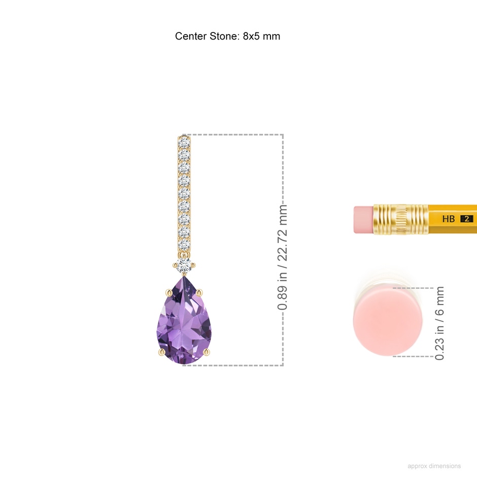 8x5mm A Solitaire Pear Amethyst Drop Earrings with Diamonds in Yellow Gold ruler