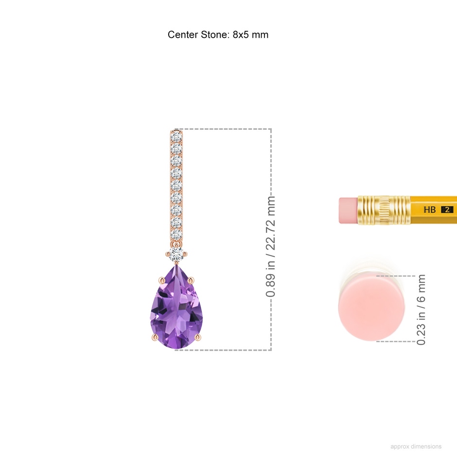 8x5mm AA Solitaire Pear Amethyst Drop Earrings with Diamonds in Rose Gold ruler