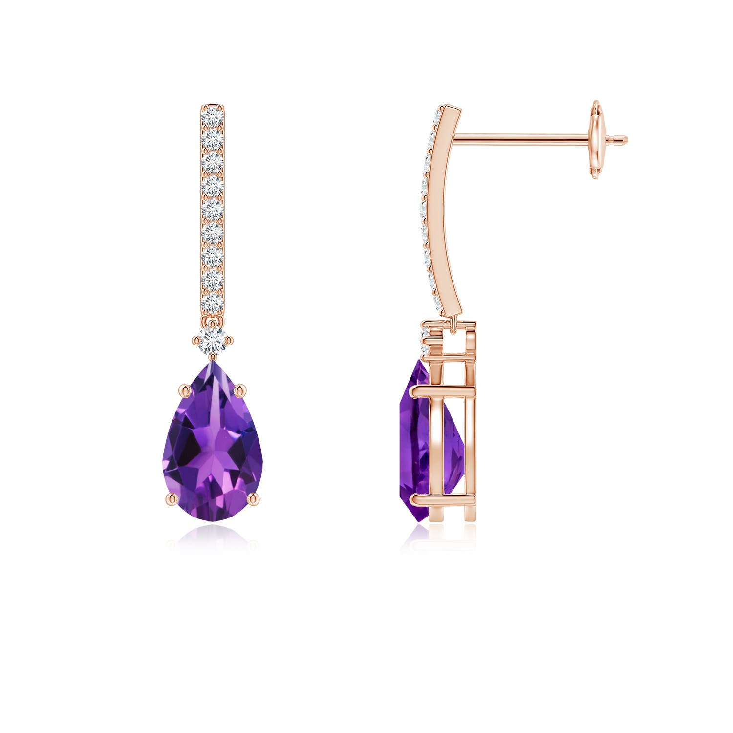 8x5mm AAAA Solitaire Pear Amethyst Drop Earrings with Diamonds in 18K Rose Gold