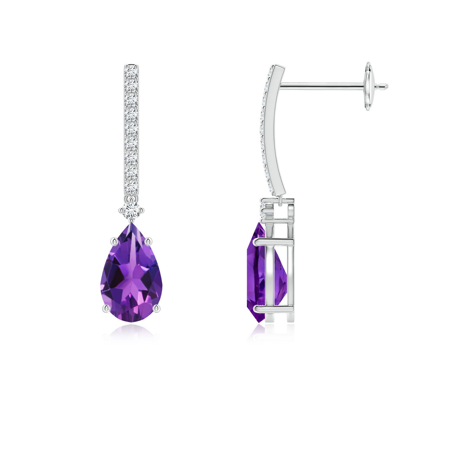 8x5mm AAAA Solitaire Pear Amethyst Drop Earrings with Diamonds in 18K White Gold