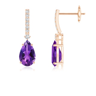 8x5mm AAAA Solitaire Pear Amethyst Drop Earrings with Diamonds in Rose Gold