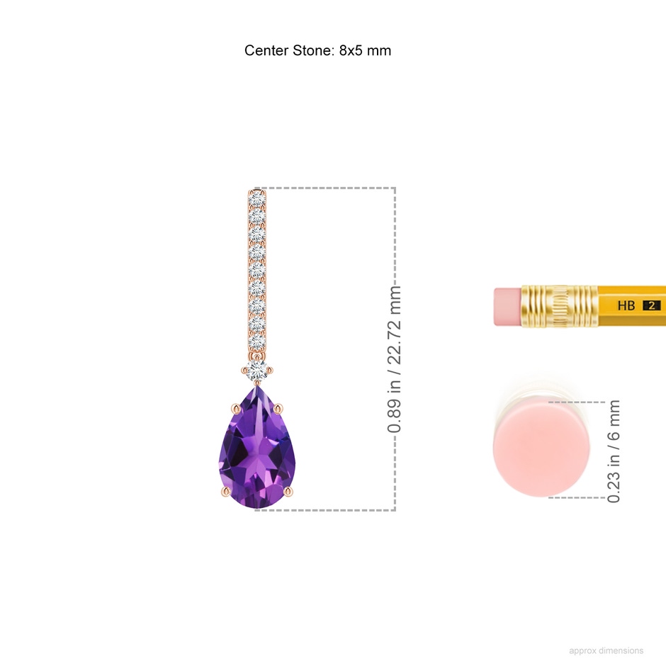 8x5mm AAAA Solitaire Pear Amethyst Drop Earrings with Diamonds in Rose Gold ruler