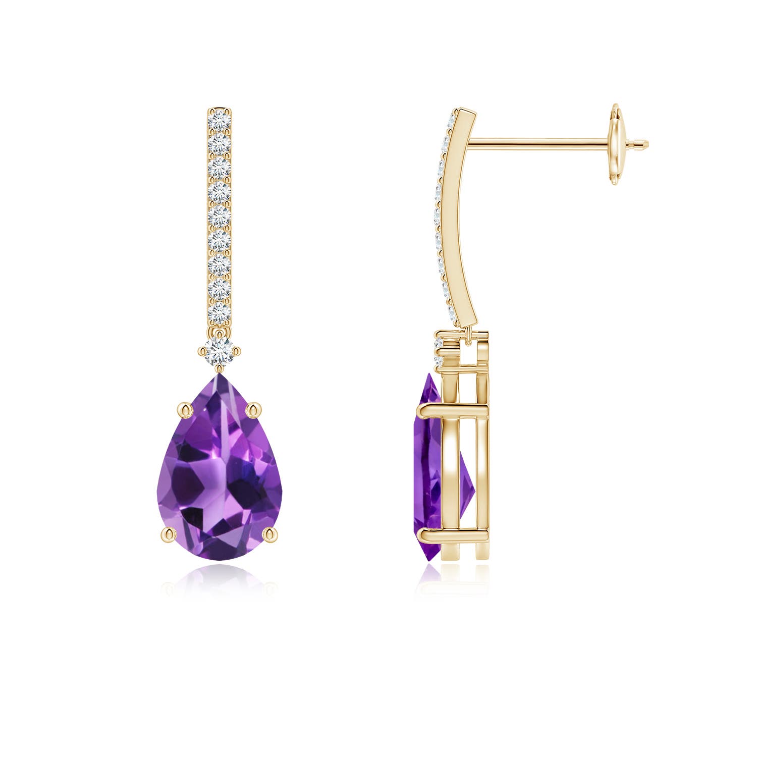 9x6mm AAA Solitaire Pear Amethyst Drop Earrings with Diamonds in 18K Yellow Gold