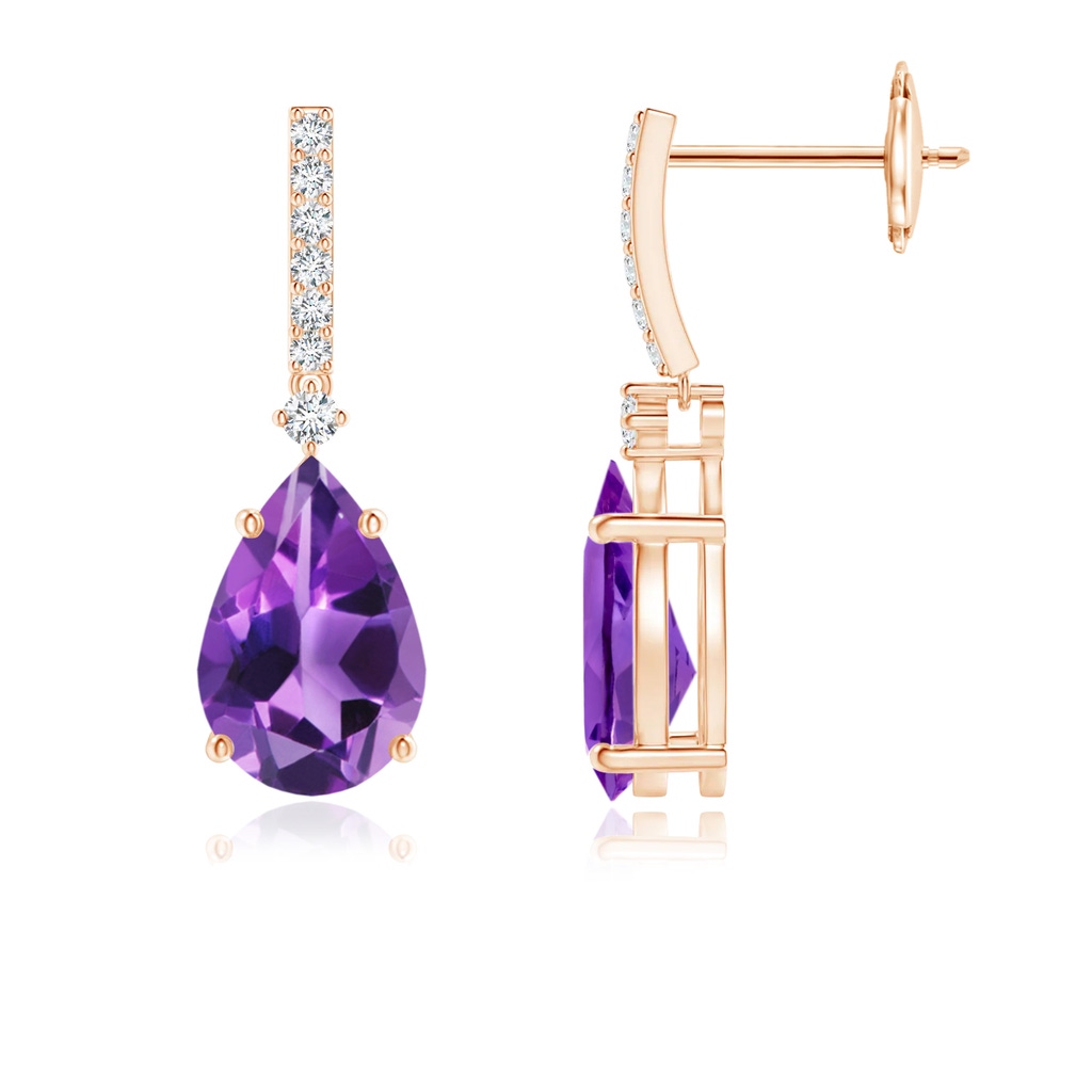 9x6mm AAA Solitaire Pear Amethyst Drop Earrings with Diamonds in Rose Gold