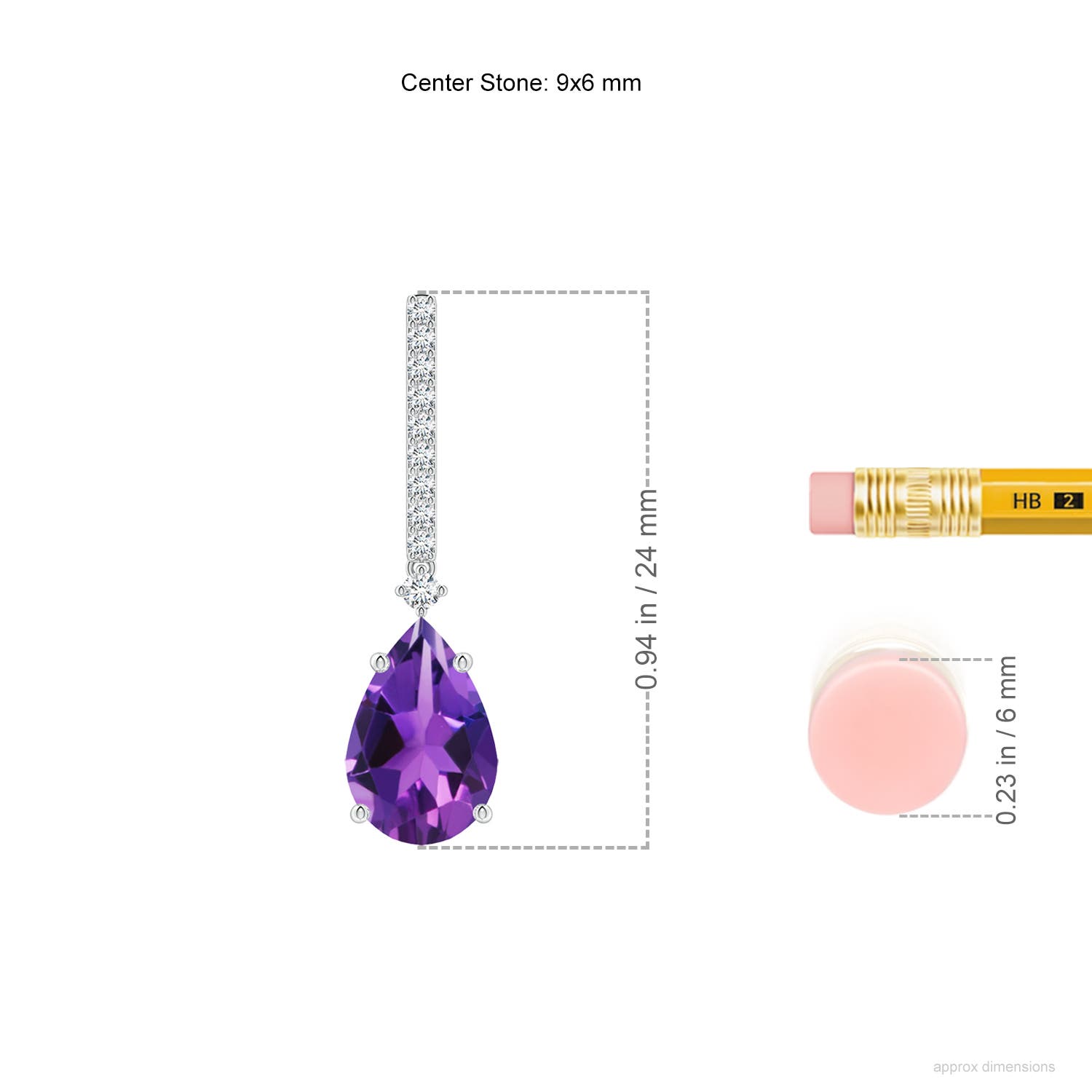 9x6mm AAAA Solitaire Pear Amethyst Drop Earrings with Diamonds in White Gold - ruler