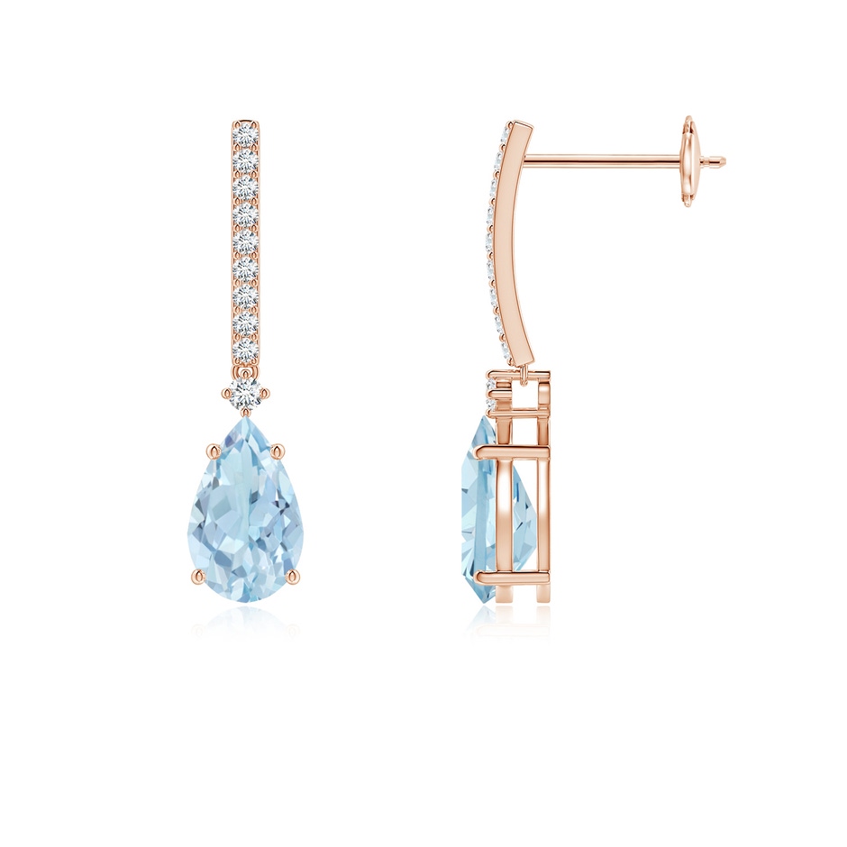 8x5mm AA Solitaire Pear Aquamarine Drop Earrings with Diamonds in Rose Gold 
