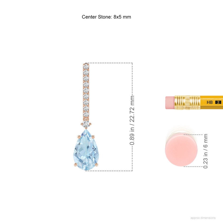 8x5mm AA Solitaire Pear Aquamarine Drop Earrings with Diamonds in Rose Gold ruler