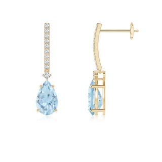 8x5mm AA Solitaire Pear Aquamarine Drop Earrings with Diamonds in Yellow Gold
