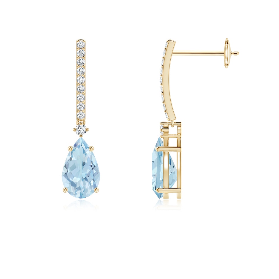 8x5mm AA Solitaire Pear Aquamarine Drop Earrings with Diamonds in Yellow Gold 