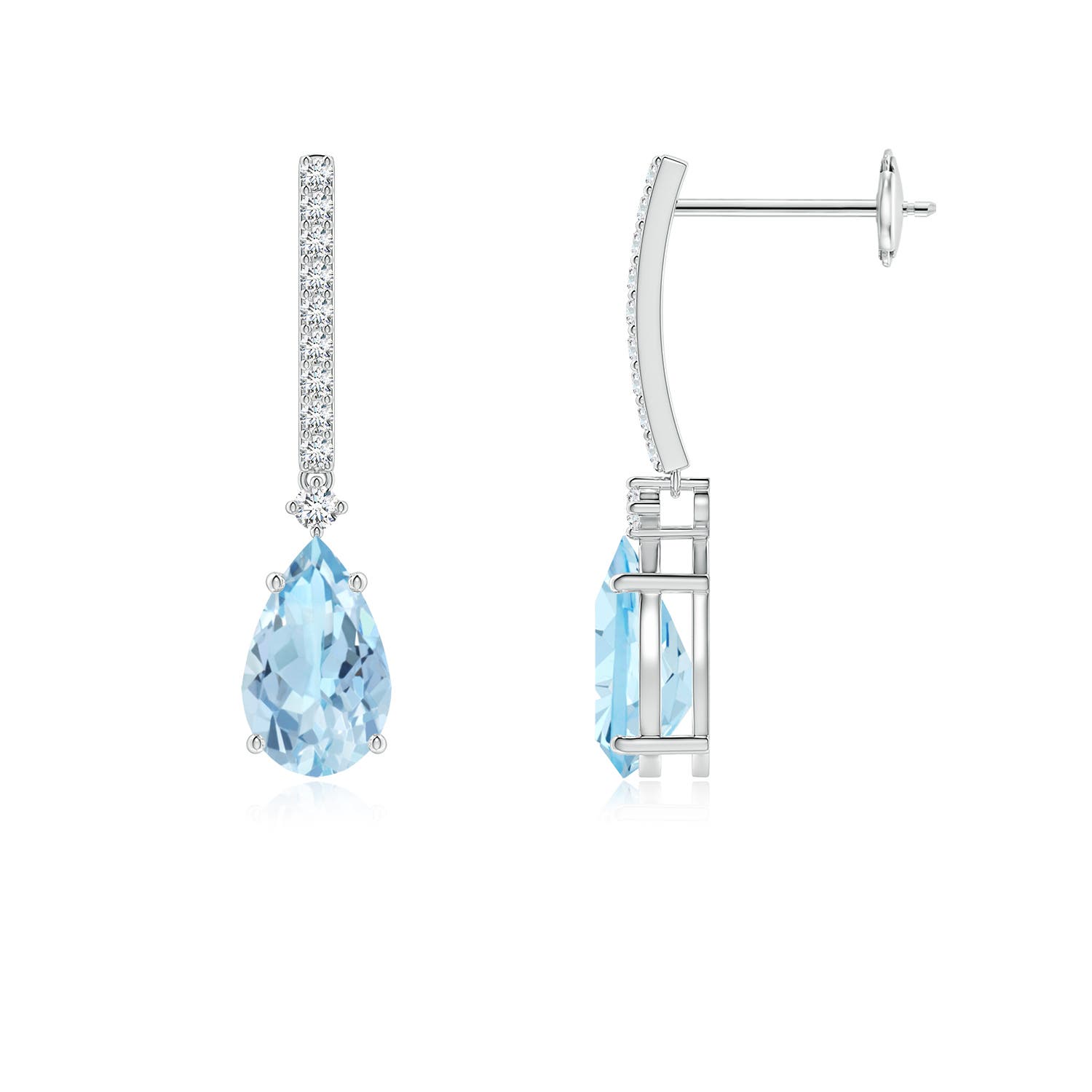 8x5mm AAA Solitaire Pear Aquamarine Drop Earrings with Diamonds in 18K White Gold