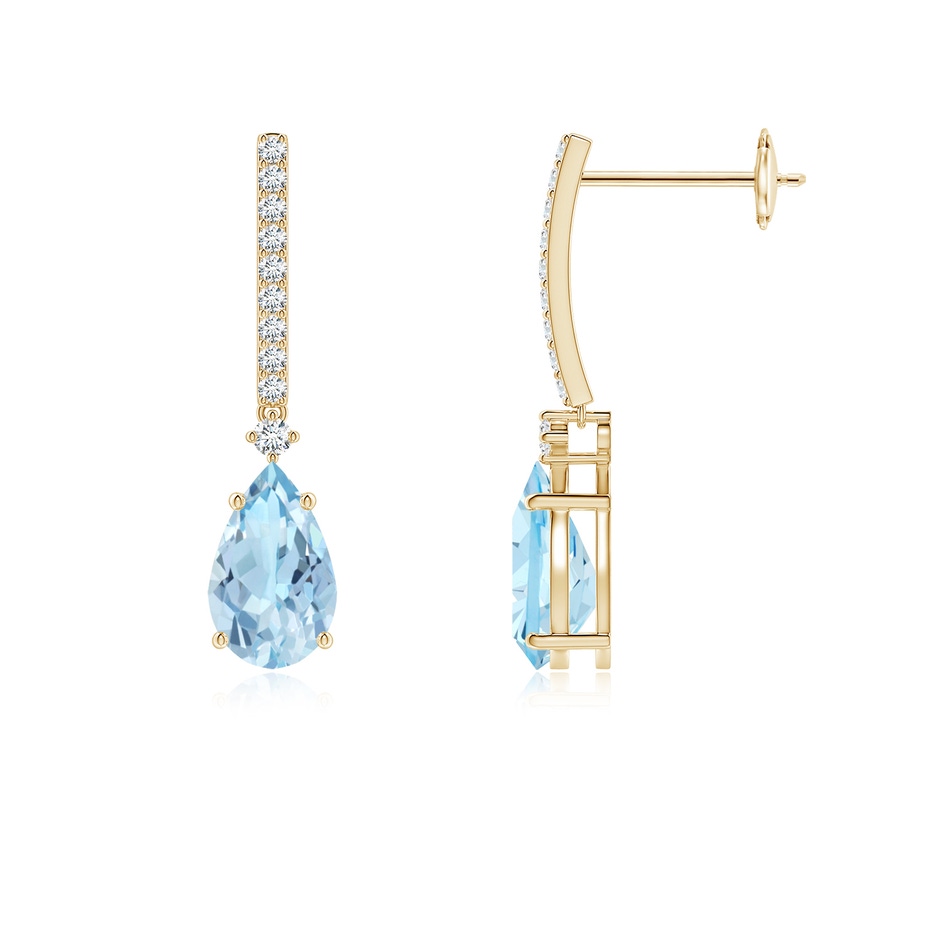 8x5mm AAA Solitaire Pear Aquamarine Drop Earrings with Diamonds in 18K Yellow Gold 