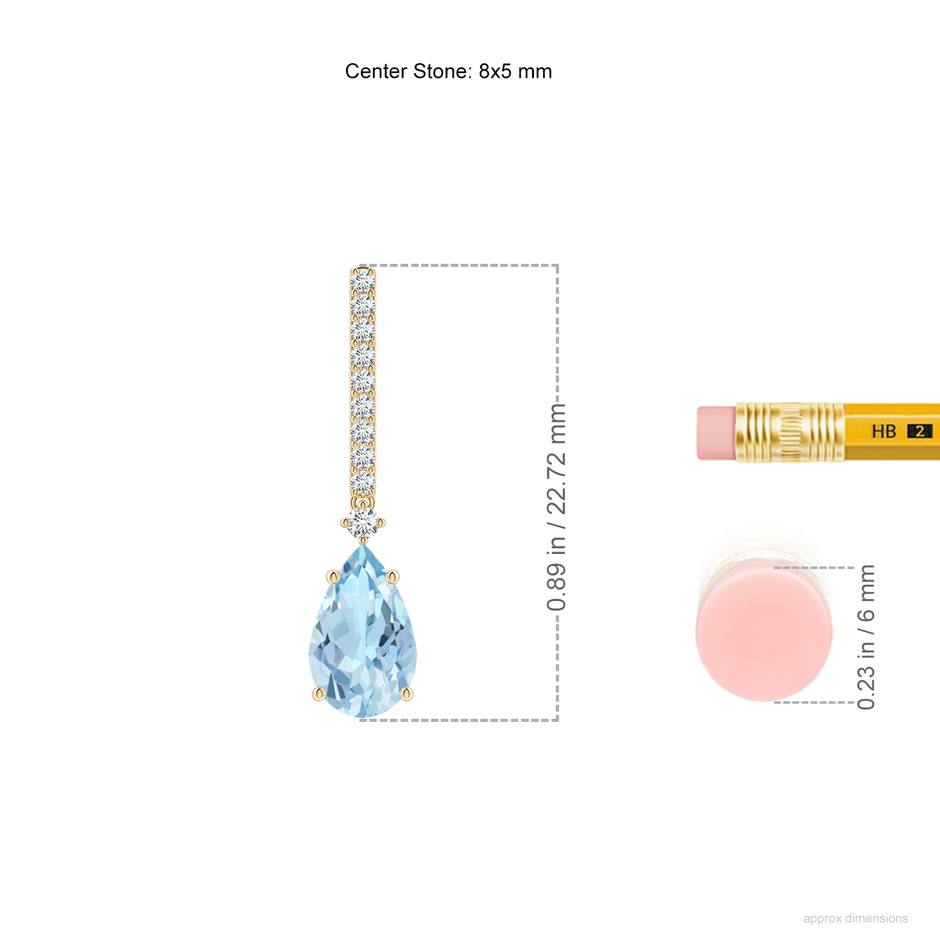 8x5mm AAA Solitaire Pear Aquamarine Drop Earrings with Diamonds in 18K Yellow Gold ruler