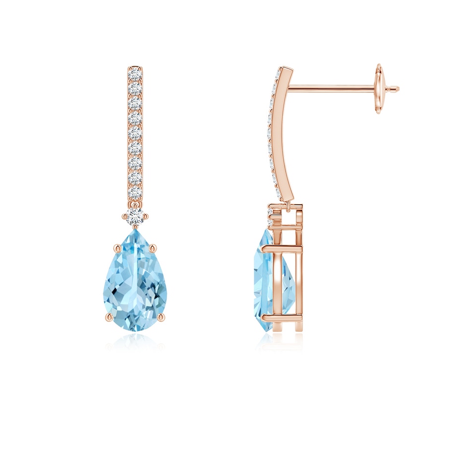 8x5mm AAAA Solitaire Pear Aquamarine Drop Earrings with Diamonds in 9K Rose Gold 