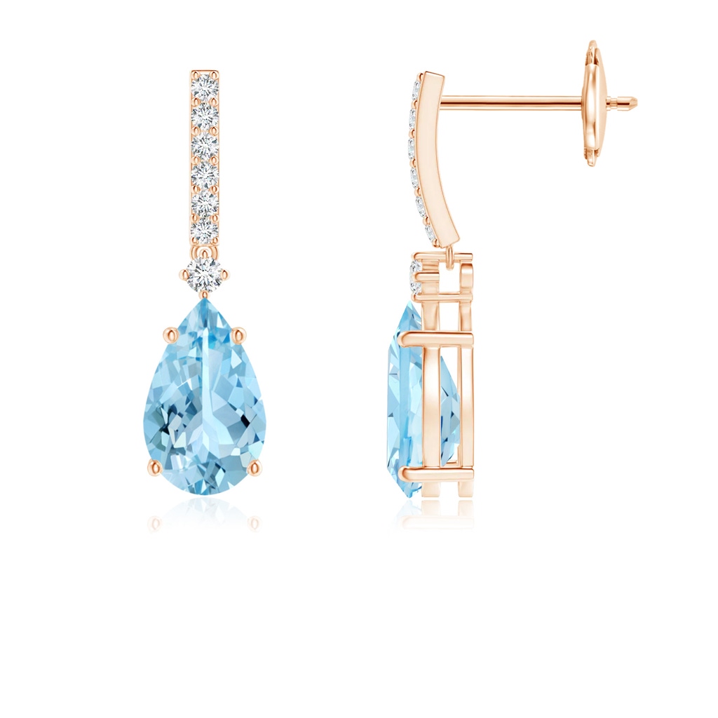 8x5mm AAAA Solitaire Pear Aquamarine Drop Earrings with Diamonds in Rose Gold