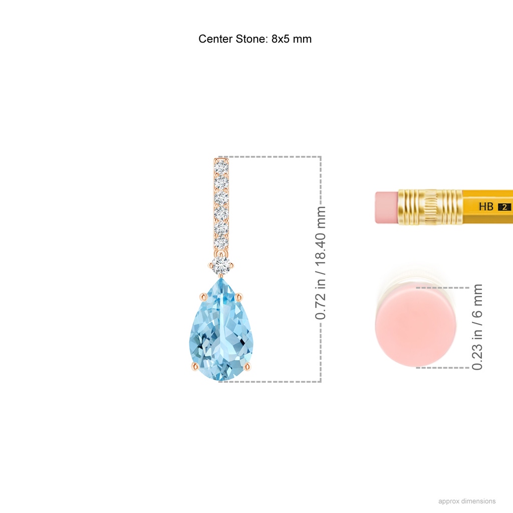 8x5mm AAAA Solitaire Pear Aquamarine Drop Earrings with Diamonds in Rose Gold Ruler