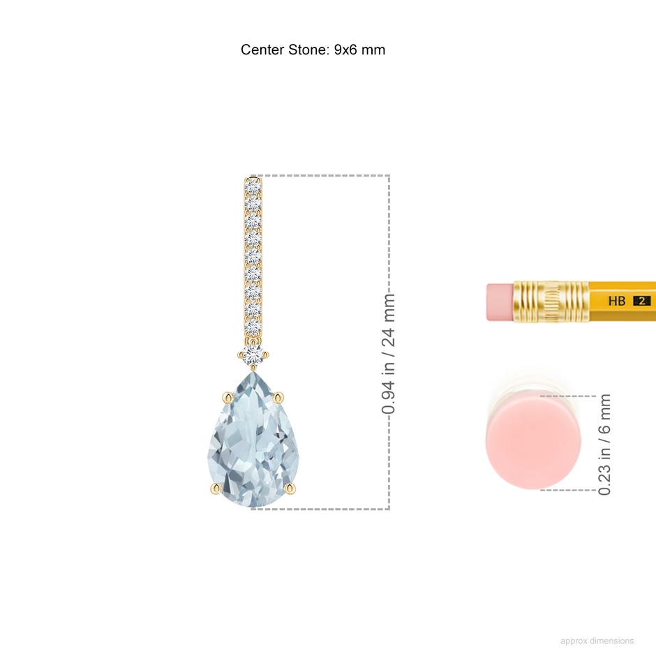 9x6mm A Solitaire Pear Aquamarine Drop Earrings with Diamonds in 18K Yellow Gold ruler