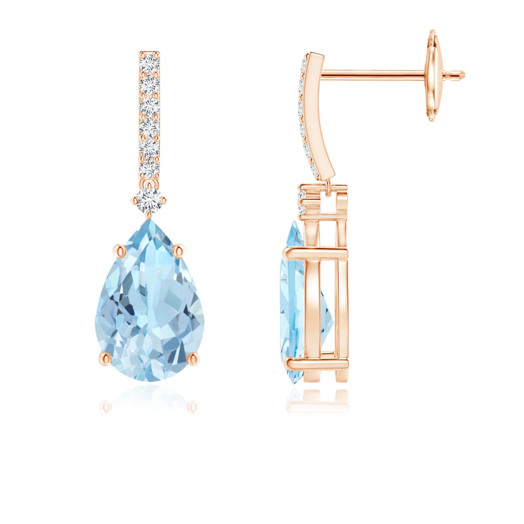 9x6mm AAA Solitaire Pear Aquamarine Drop Earrings with Diamonds in Rose Gold