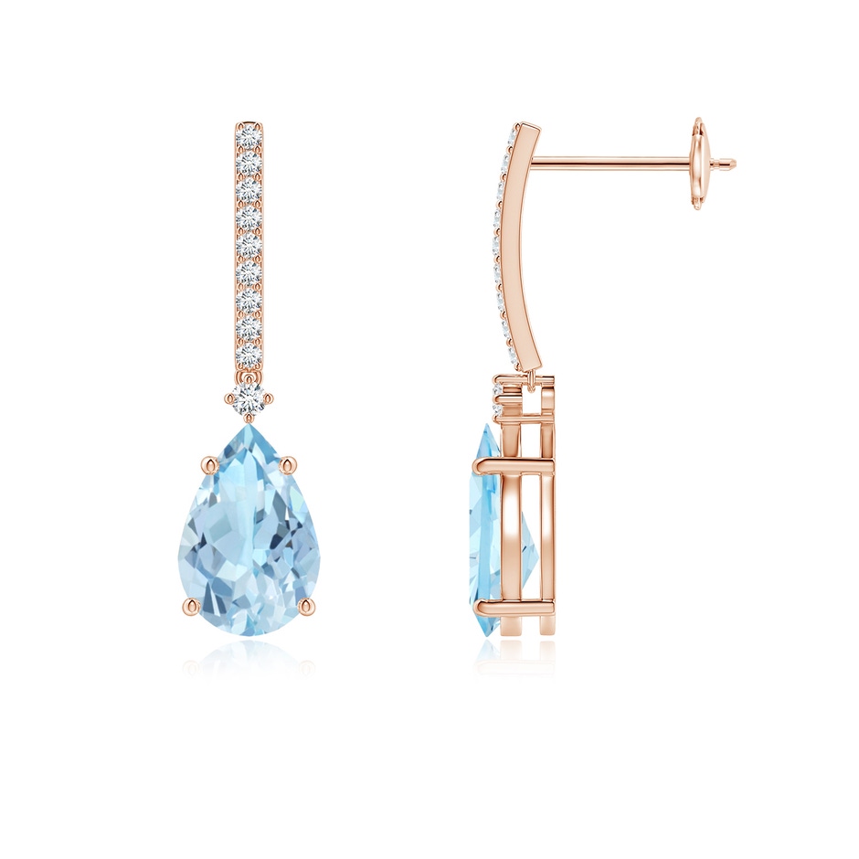 9x6mm AAA Solitaire Pear Aquamarine Drop Earrings with Diamonds in Rose Gold 