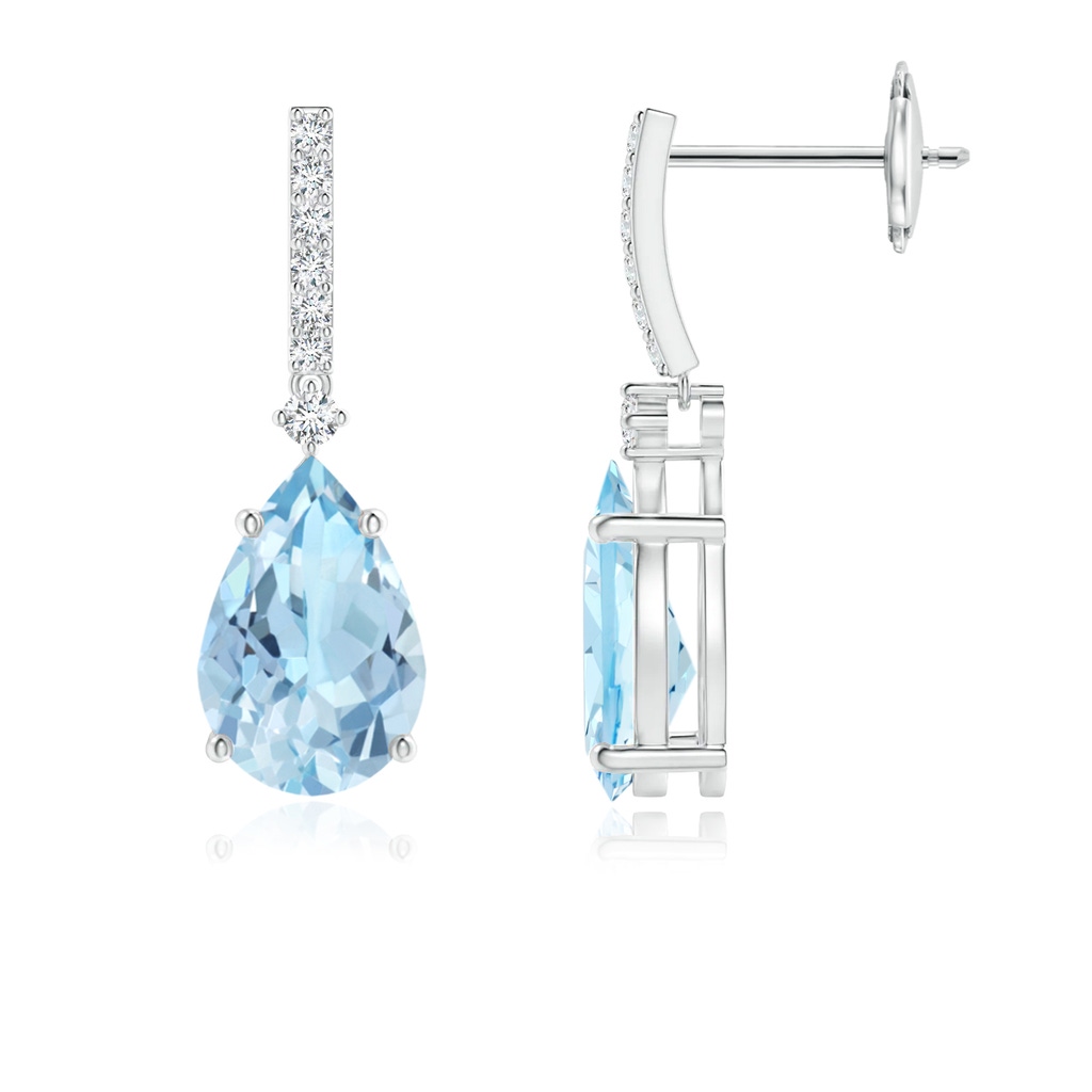 9x6mm AAA Solitaire Pear Aquamarine Drop Earrings with Diamonds in White Gold