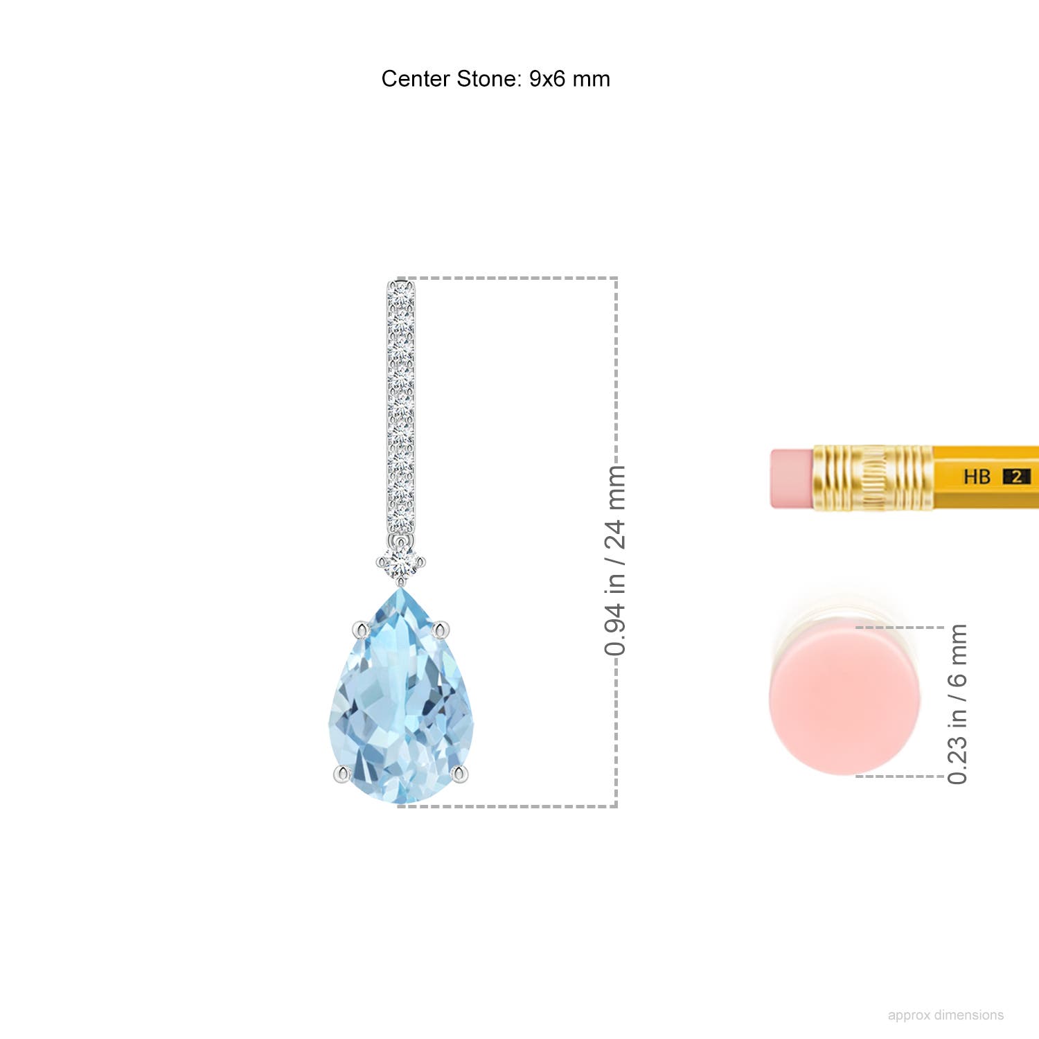 9x6mm AAA Solitaire Pear Aquamarine Drop Earrings with Diamonds in White Gold - ruler