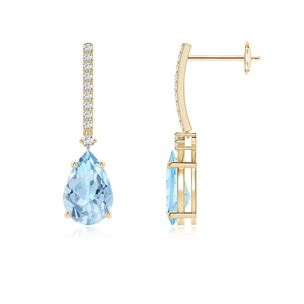 9x6mm AAA Solitaire Pear Aquamarine Drop Earrings with Diamonds in Yellow Gold